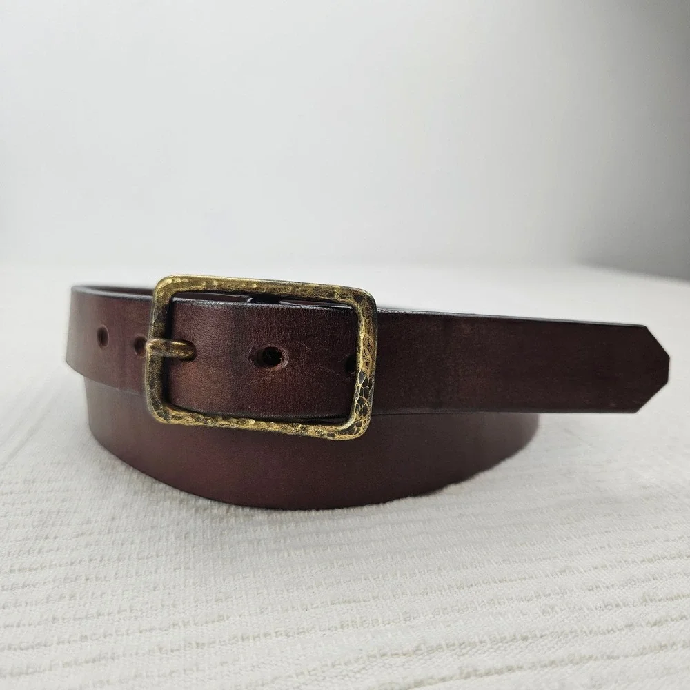 Hammered Brass‎ Buckle Leather Belt Men's 42 Brown